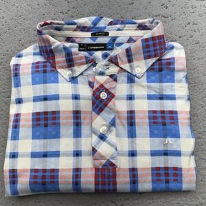 J Lindeberg Polo Shirt Mens Extra Large Blue Red Plaid Slim Fit Ingve Lux Jersey